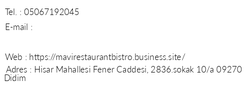 Mavi Restaurant Bistro Villas telefon numaralar, faks, e-mail, posta adresi ve iletiim bilgileri